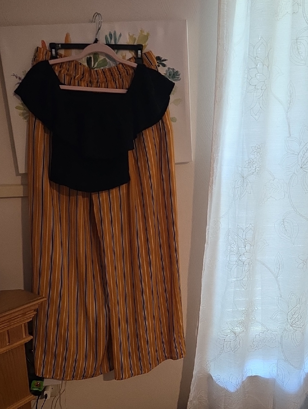 Striped Mustard Wide-Leg Pants with Black Ruffled Off-Shoulder Top Set